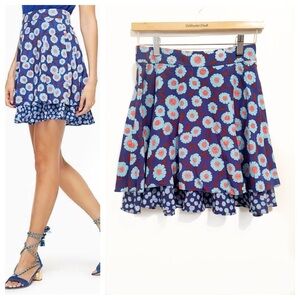 Kate Spade Blue Floral Tangier Layered Silk Flowy
Back Zip Mini Skirt-Small